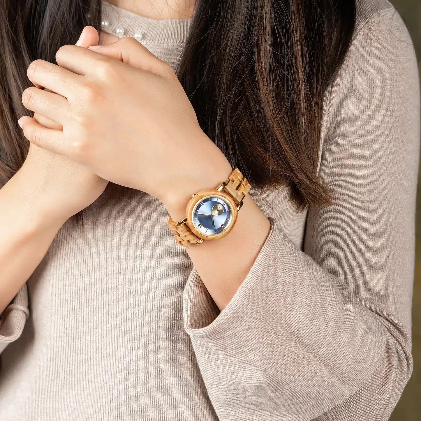 Feminine SkyBlue Round Dial Wooden Watch - For Woman