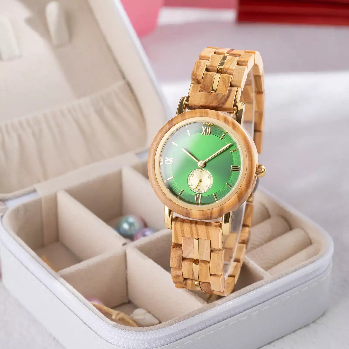 Feminine Green Round Dial Wooden Watch - For Woman