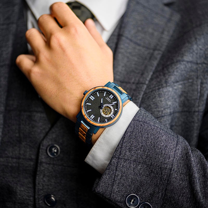 President Blue Mechanical Stainless Steel Wood Watch - For Man