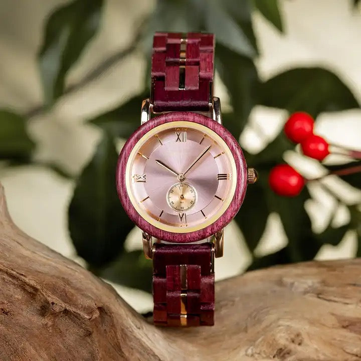 Feminine Pink Round Dial Wooden Watch - For Woman