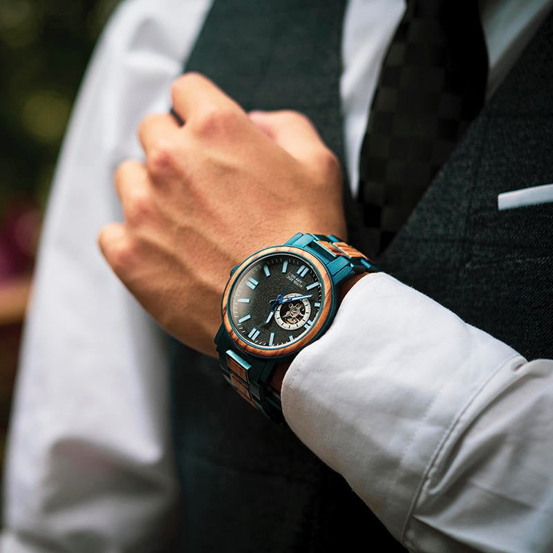 President Blue Mechanical Stainless Steel Wood Watch - For Man