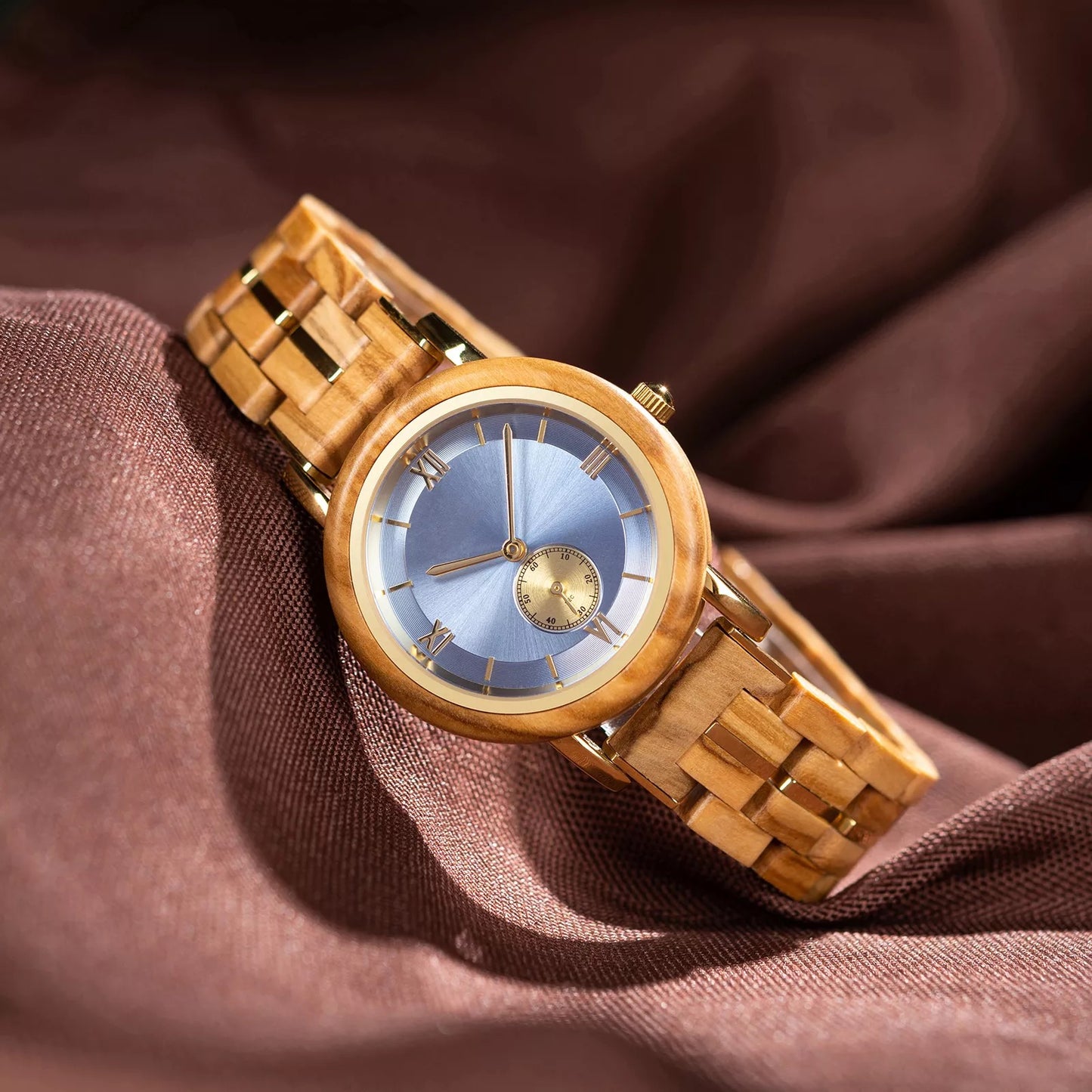 Feminine SkyBlue Round Dial Wooden Watch - For Woman