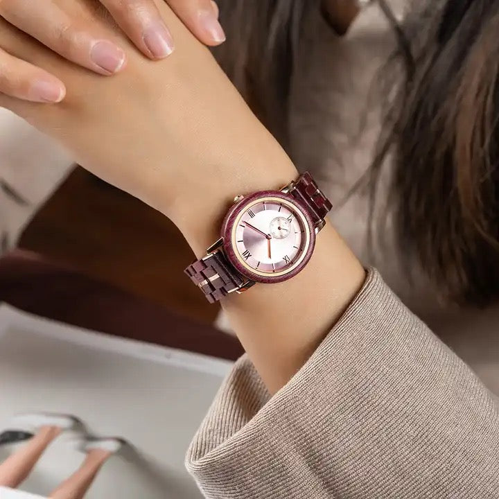 Feminine Pink Round Dial Wooden Watch - For Woman