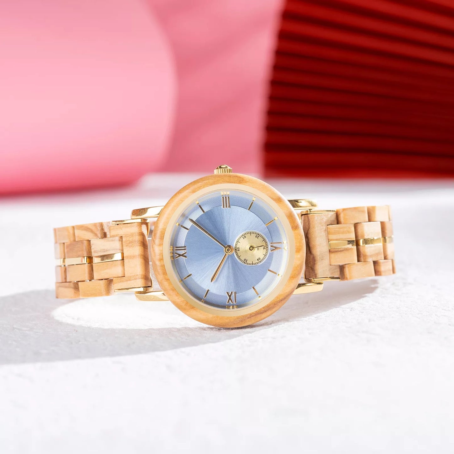 Feminine SkyBlue Round Dial Wooden Watch - For Woman