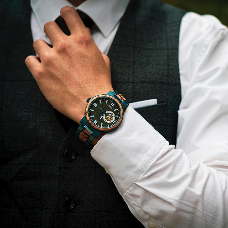 President Blue Mechanical Stainless Steel Wood Watch - For Man