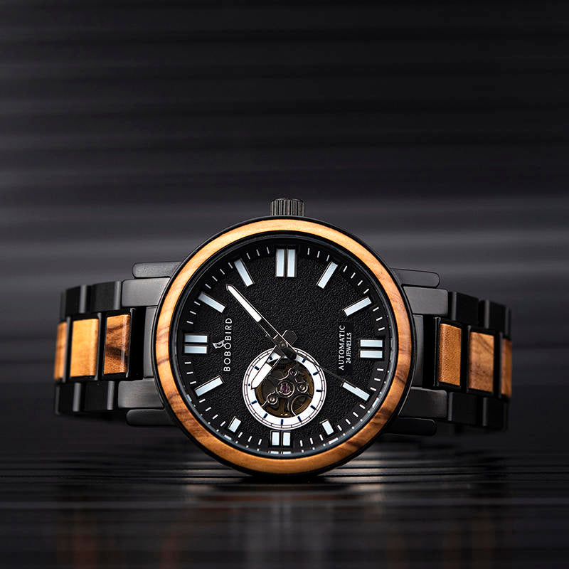 President Black Mechanical Stainless Steel Wood Watch - For Man