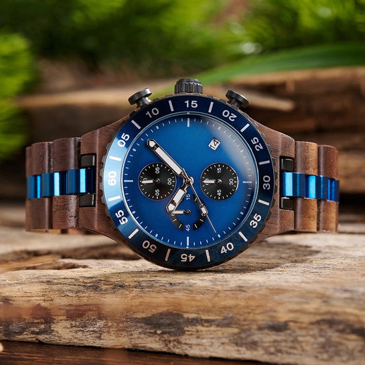 WalnutWooden Chronograph Watch For Man with Black Dial and Blue Bezel