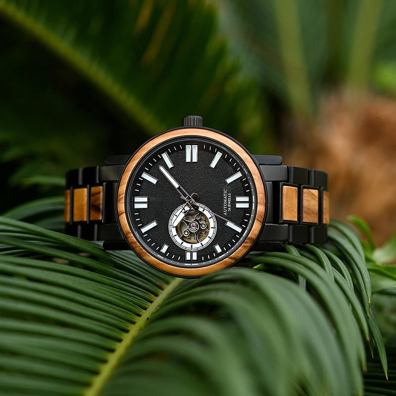 President Black Mechanical Stainless Steel Wood Watch - For Man