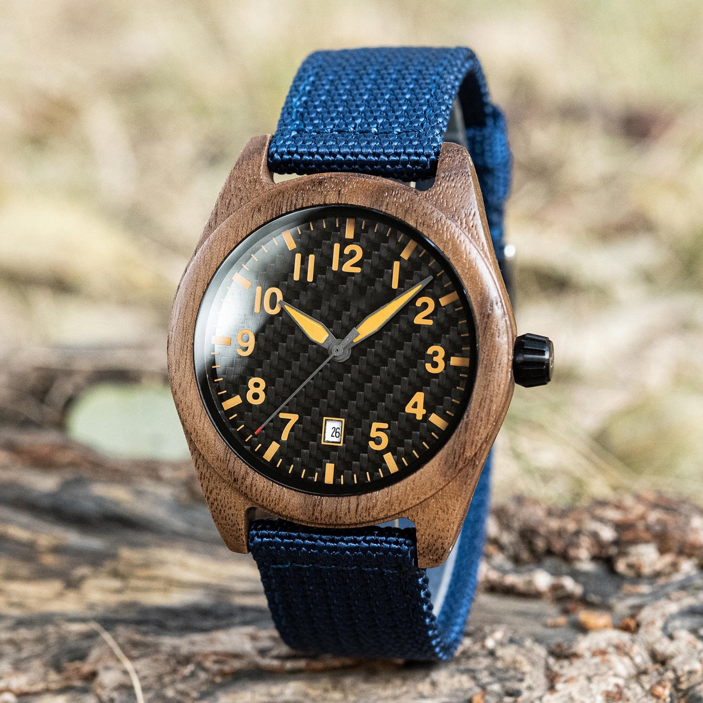 Blue Nylon Band Walnut Wood Watch