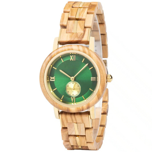 Feminine Green Round Dial Wooden Watch - For Woman