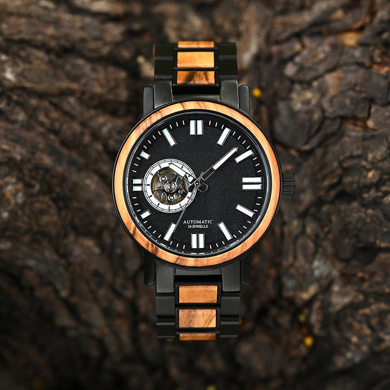 President Black Mechanical Stainless Steel Wood Watch - For Man