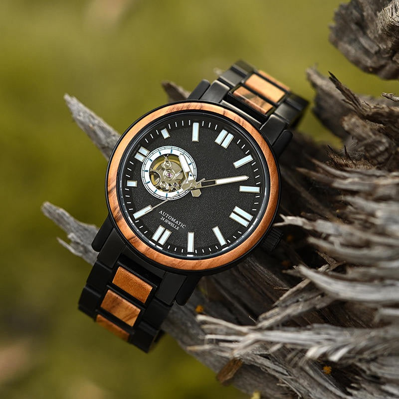 President Black Mechanical Stainless Steel Wood Watch - For Man