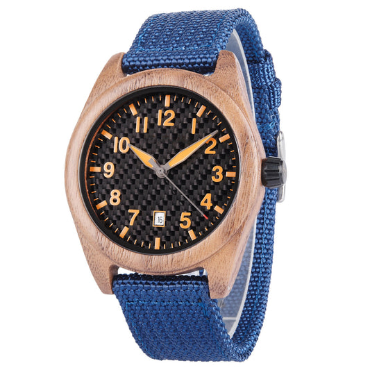 Blue Nylon Band Walnut Wood Watch