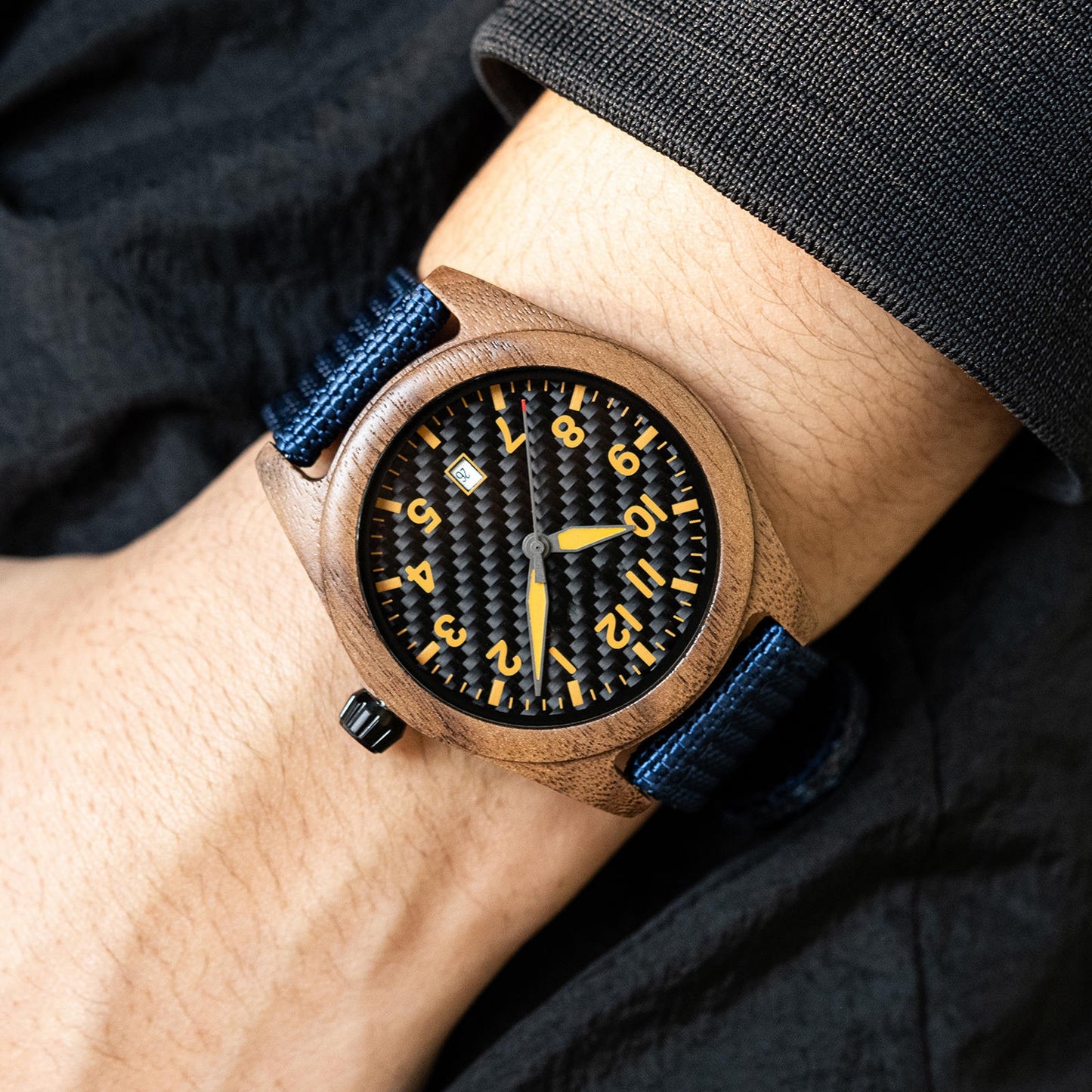 Blue Nylon Band Walnut Wood Watch