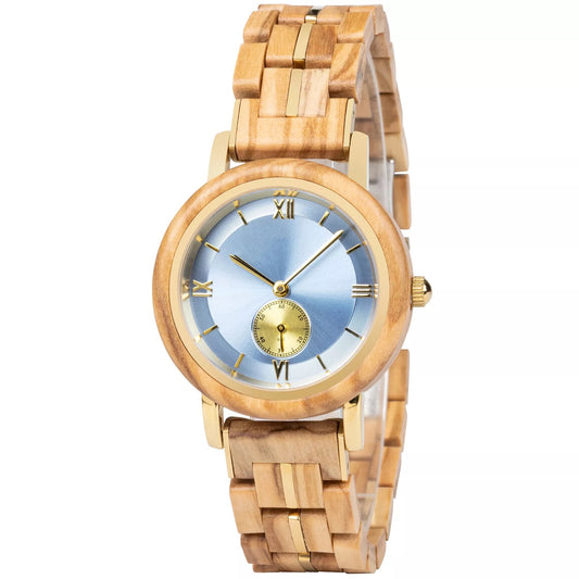 Feminine SkyBlue Round Dial Wooden Watch - For Woman