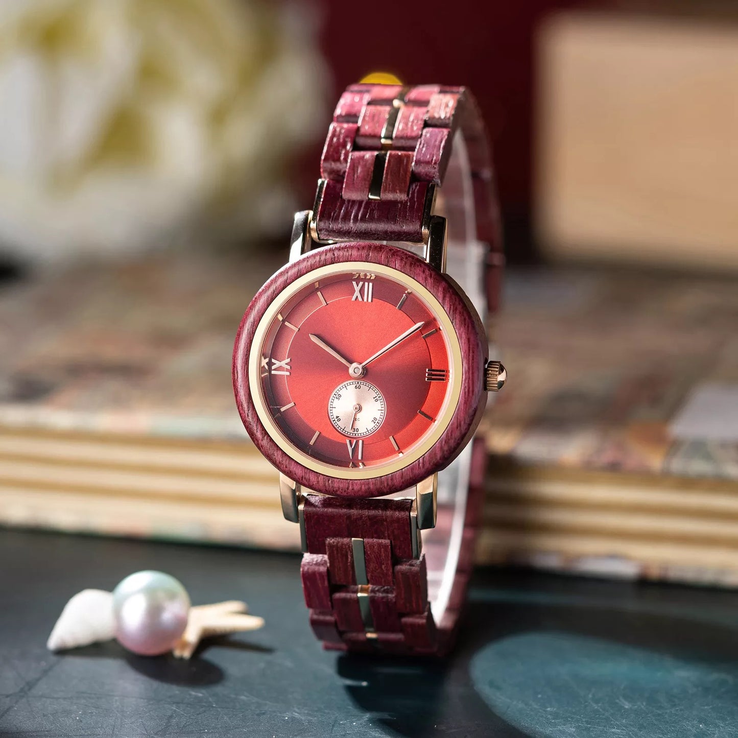 Feminine Red Round Dial Wooden Watch - For Woman