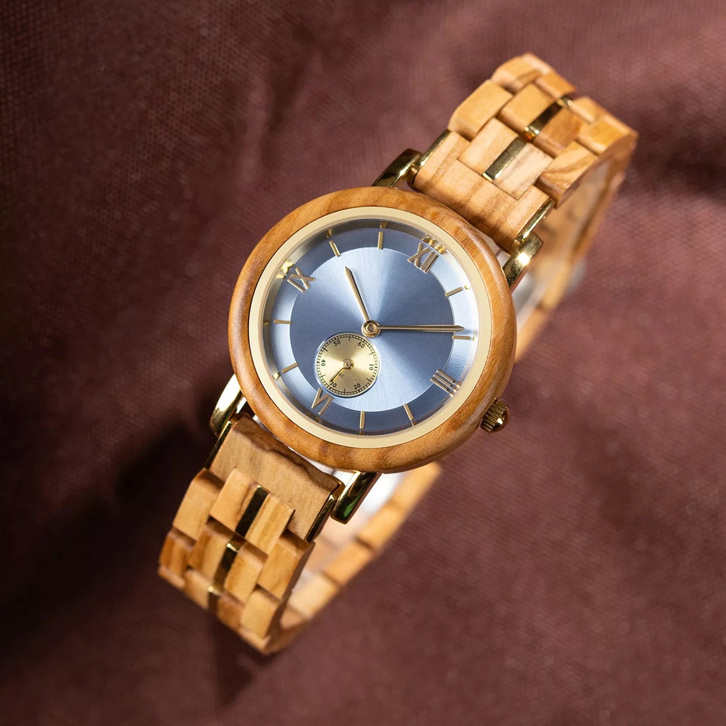 Feminine SkyBlue Round Dial Wooden Watch - For Woman