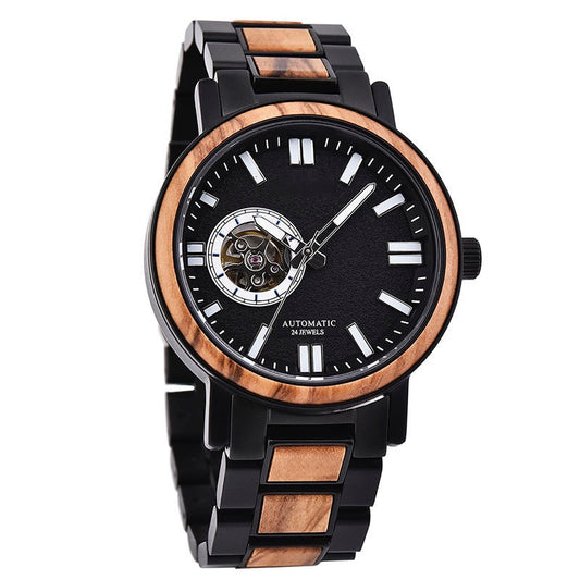 President Black Mechanical Stainless Steel Wood Watch - For Man