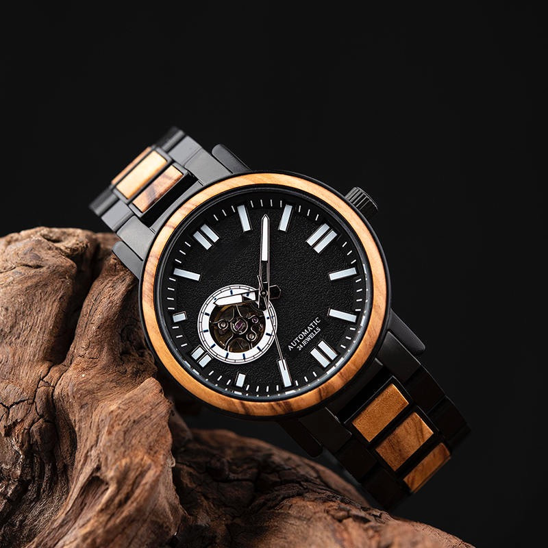 President Black Mechanical Stainless Steel Wood Watch - For Man