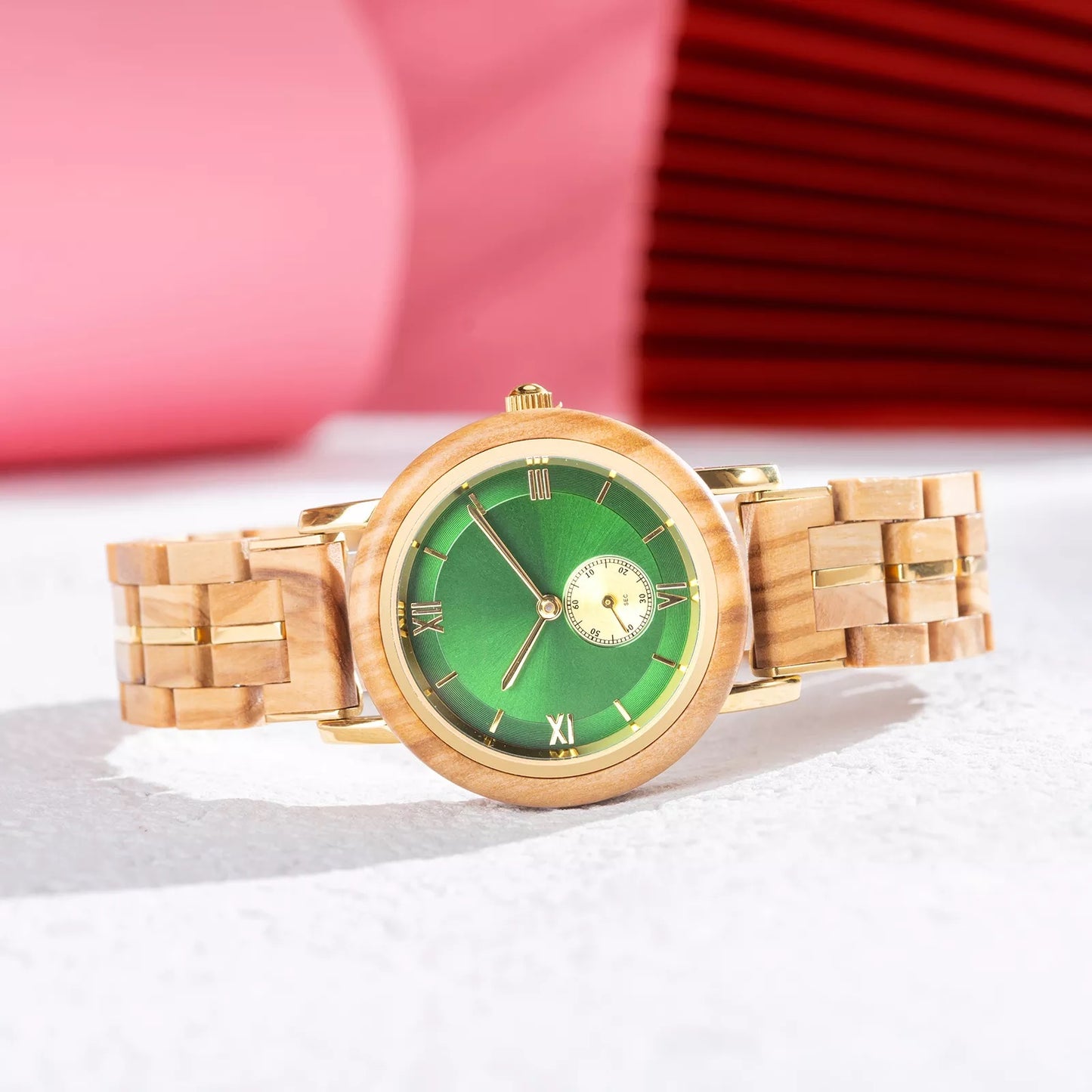 Feminine Green Round Dial Wooden Watch - For Woman