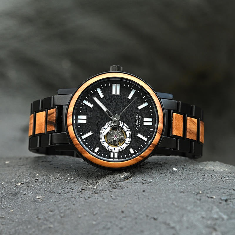 President Black Mechanical Stainless Steel Wood Watch - For Man