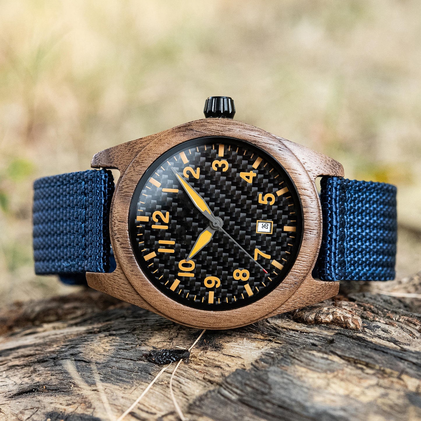 Blue Nylon Band Walnut Wood Watch