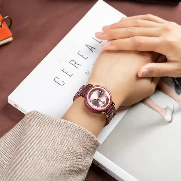 Feminine Pink Round Dial Wooden Watch - For Woman