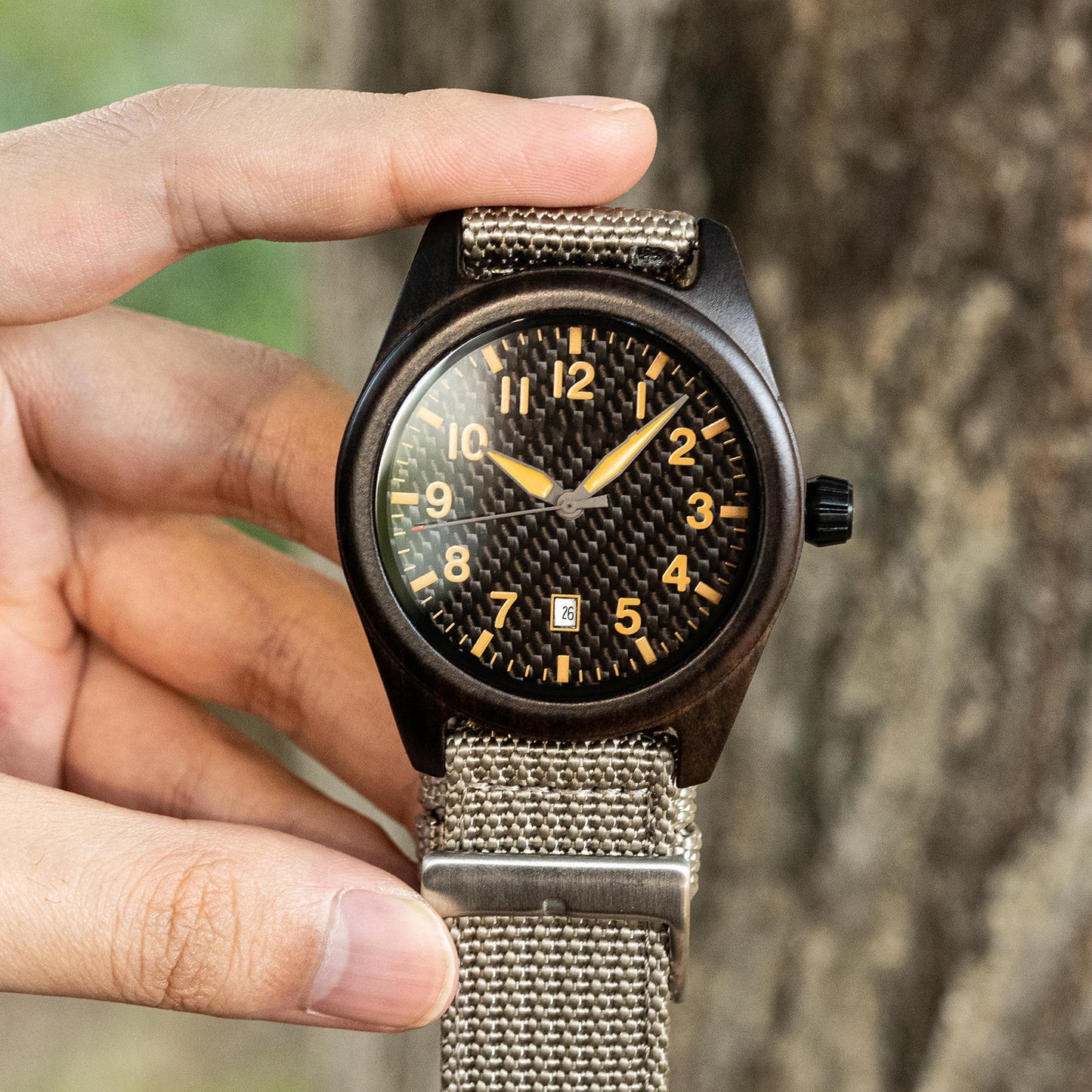 Gray Nylon Band Ebony Wood Watch