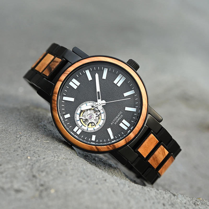 President Black Mechanical Stainless Steel Wood Watch - For Man