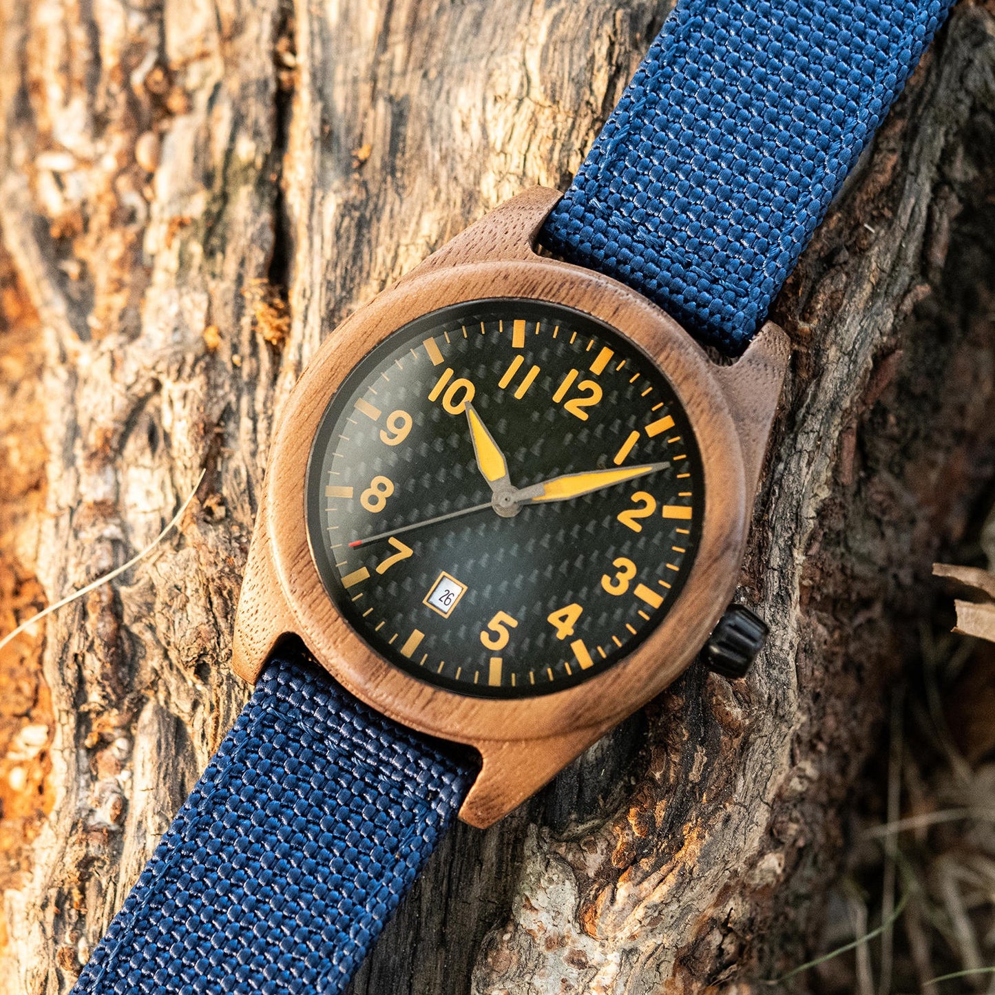 Blue Nylon Band Walnut Wood Watch