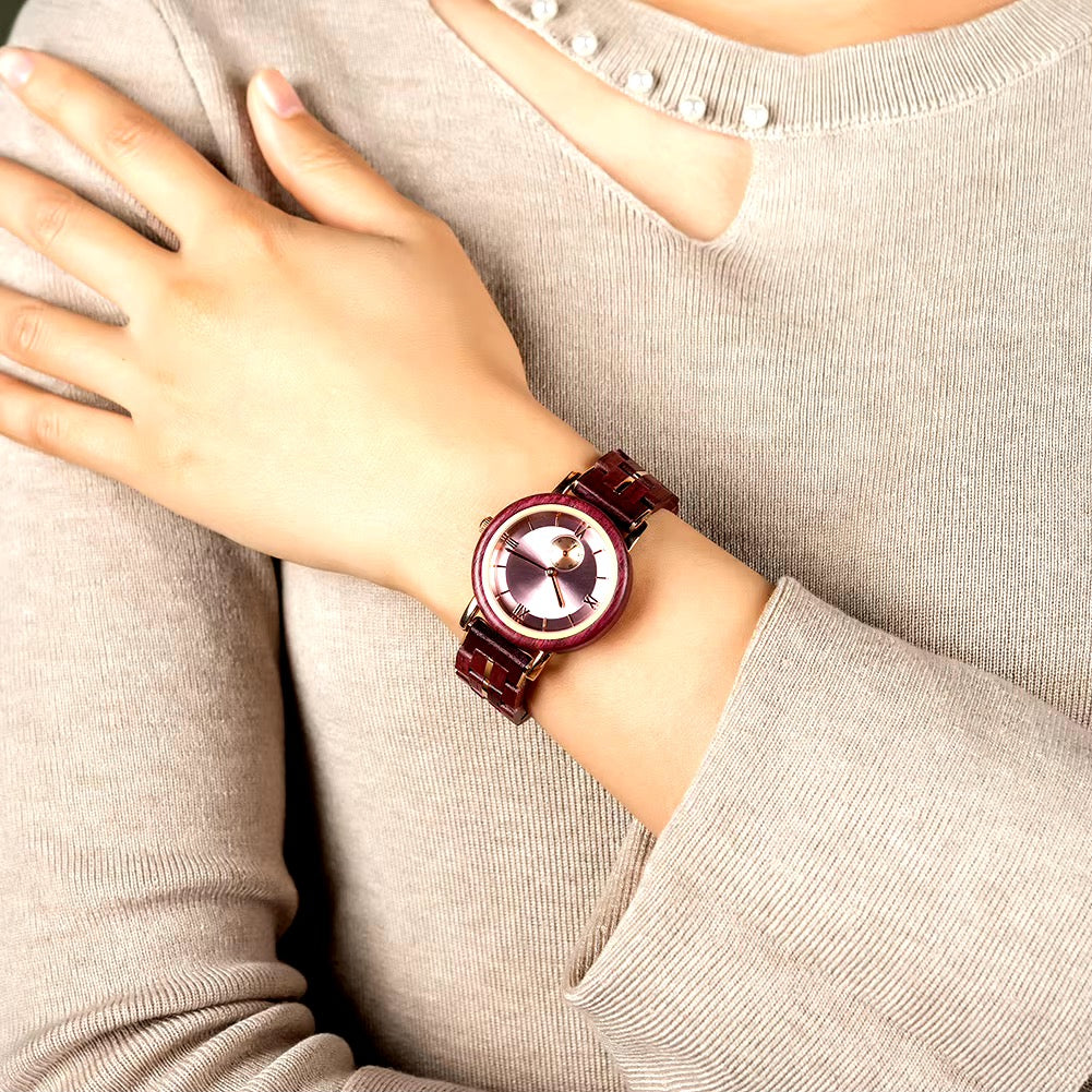 Feminine Pink Round Dial Wooden Watch - For Woman