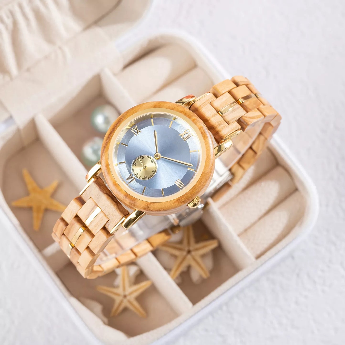 Feminine SkyBlue Round Dial Wooden Watch - For Woman