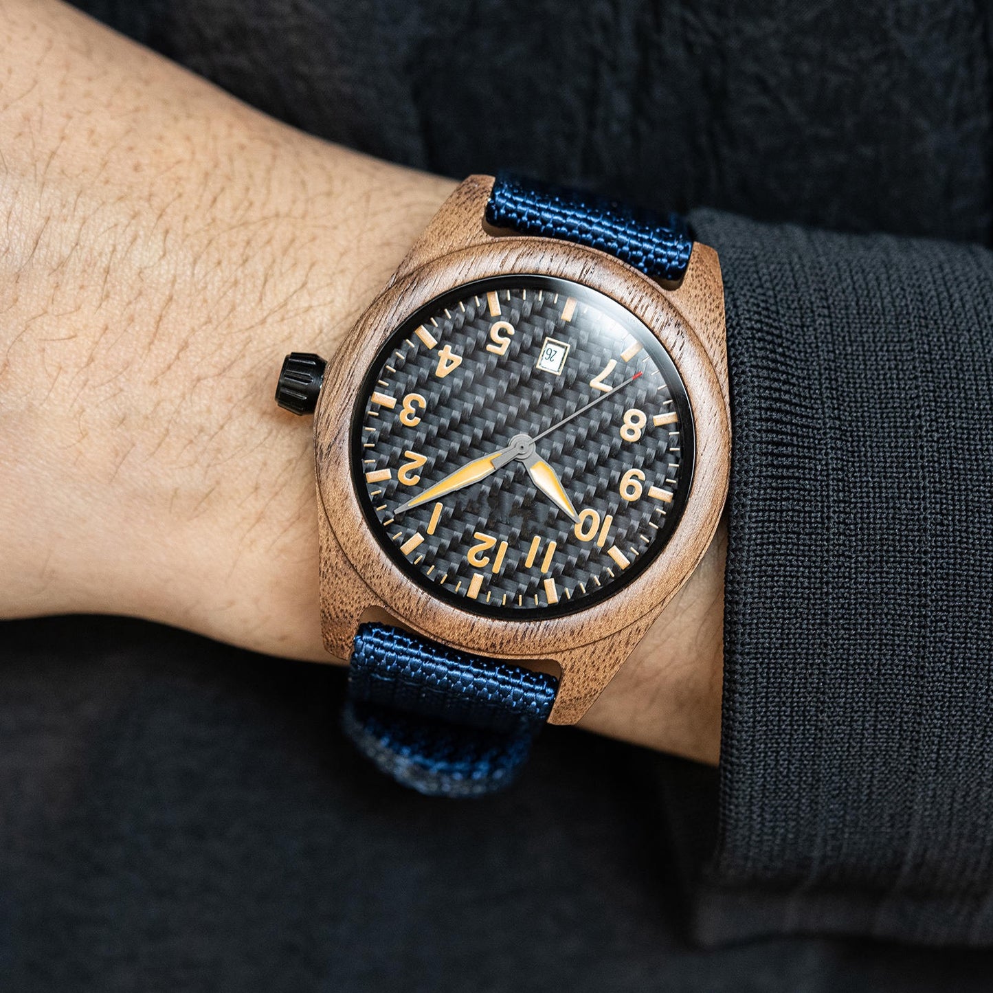 Blue Nylon Band Walnut Wood Watch