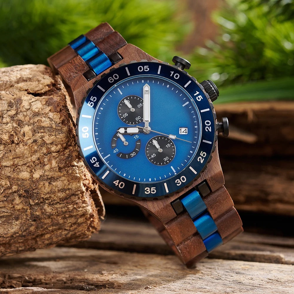 WalnutWooden Chronograph Watch For Man with Black Dial and Blue Bezel