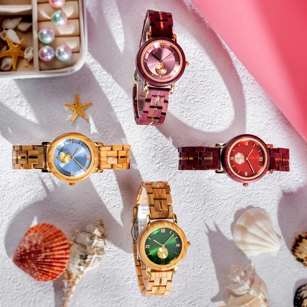 Feminine Red Round Dial Wooden Watch - For Woman