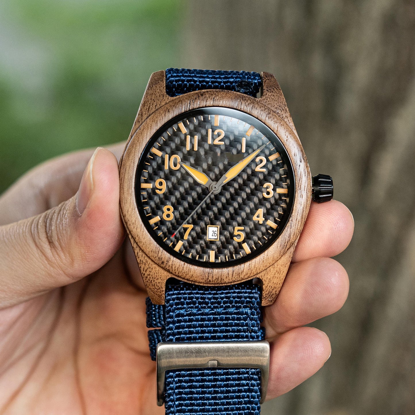 Blue Nylon Band Walnut Wood Watch