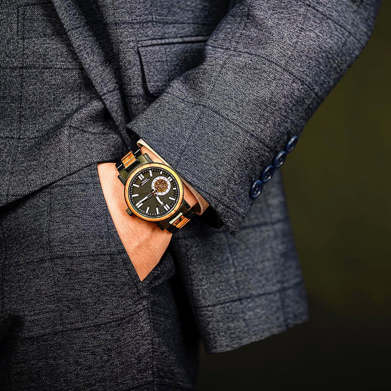 President Black Mechanical Stainless Steel Wood Watch - For Man