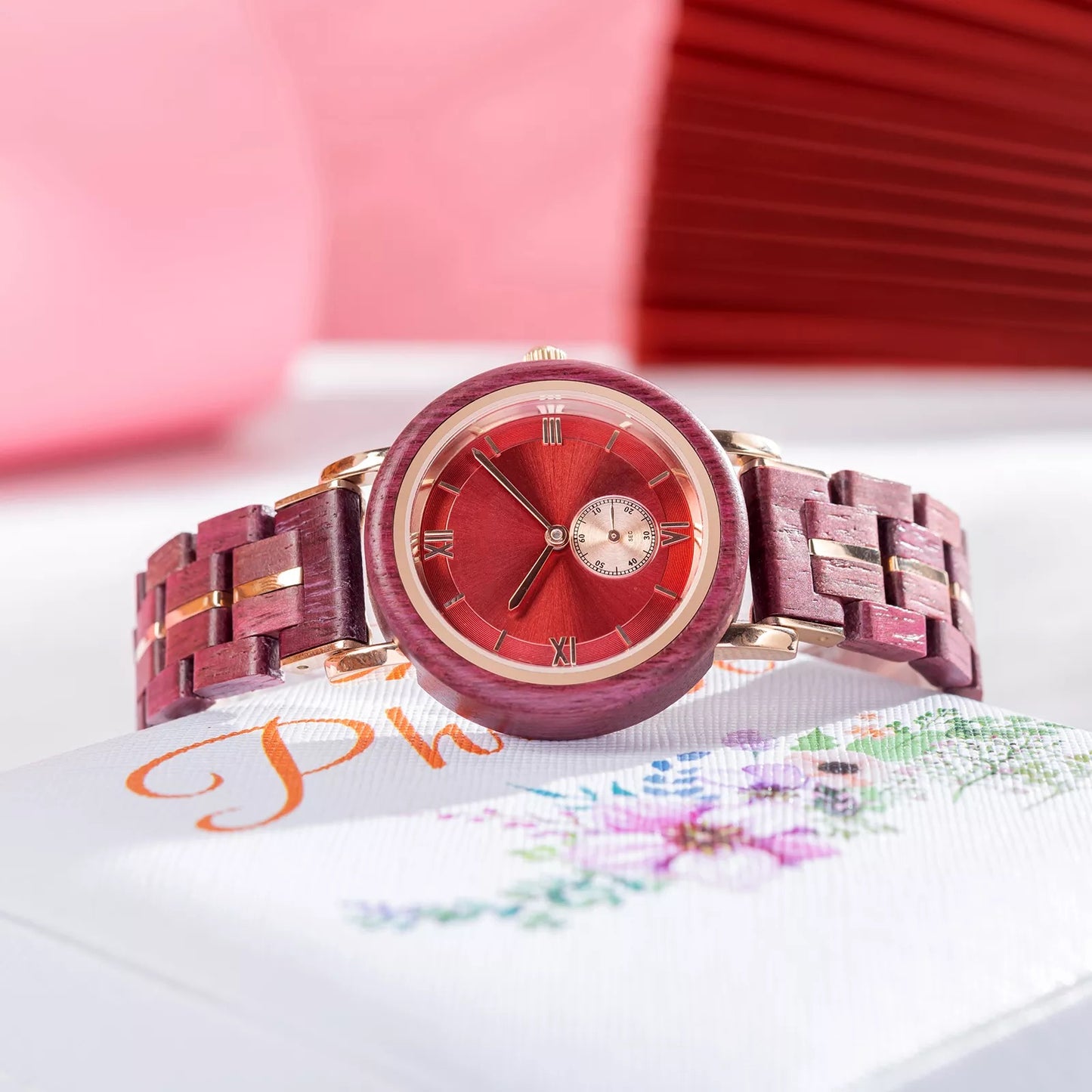Feminine Red Round Dial Wooden Watch - For Woman