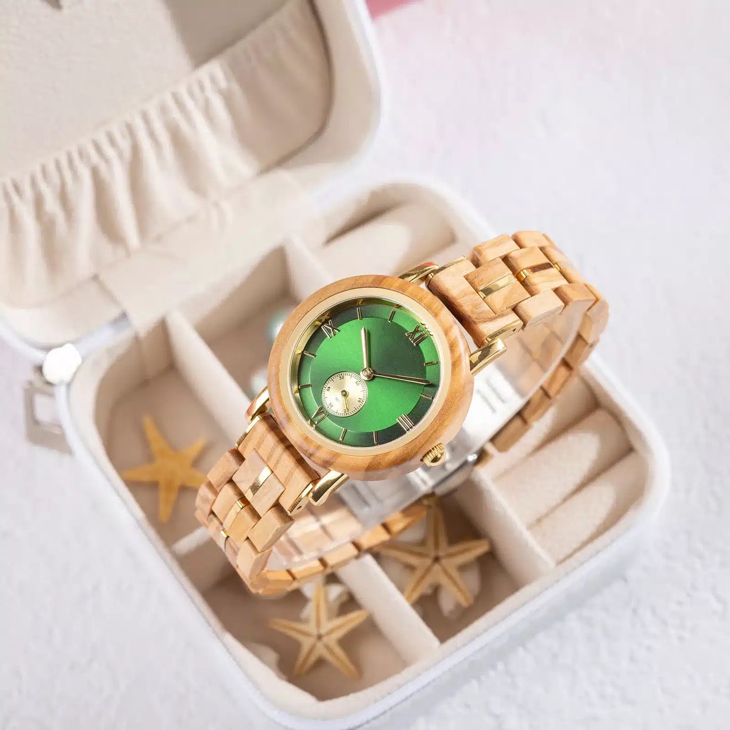 Feminine Green Round Dial Wooden Watch - For Woman