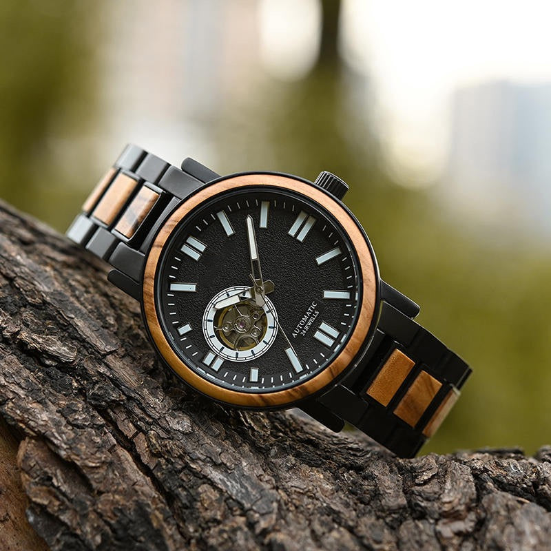 President Black Mechanical Stainless Steel Wood Watch - For Man