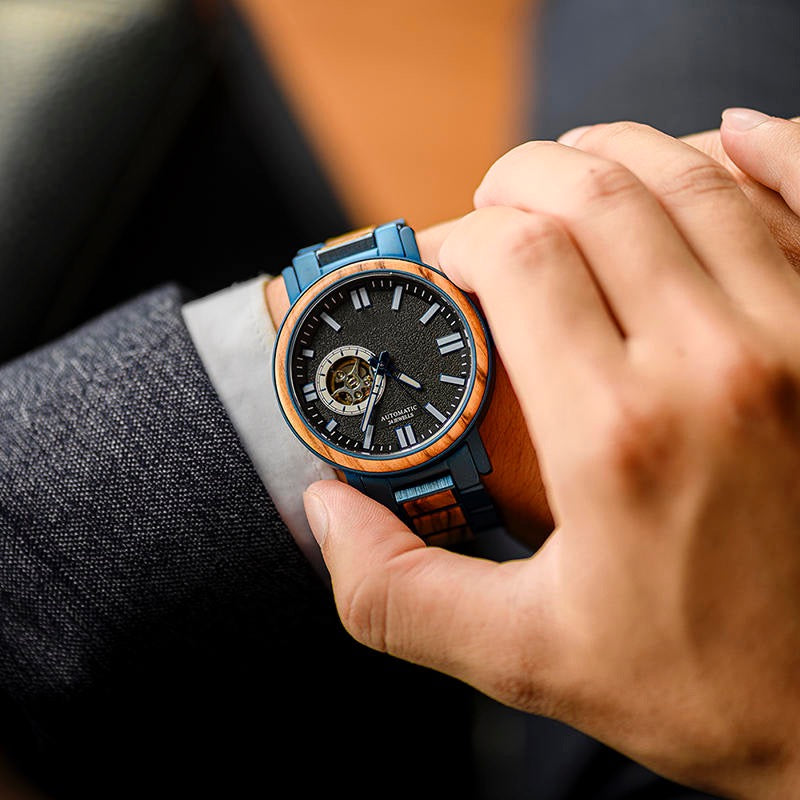 President Blue Mechanical Stainless Steel Wood Watch - For Man