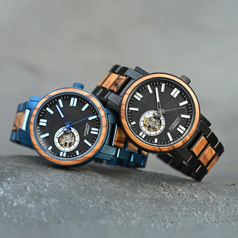 President Black Mechanical Stainless Steel Wood Watch - For Man
