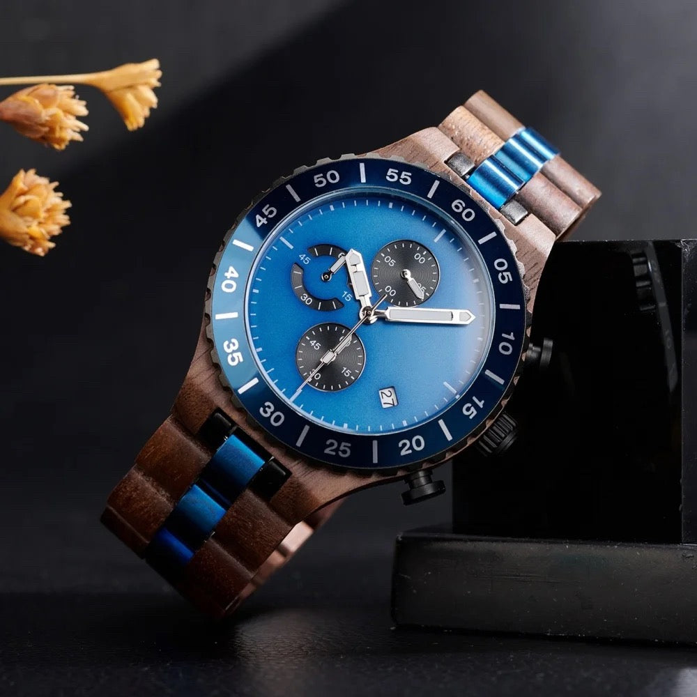 WalnutWooden Chronograph Watch For Man with Black Dial and Blue Bezel