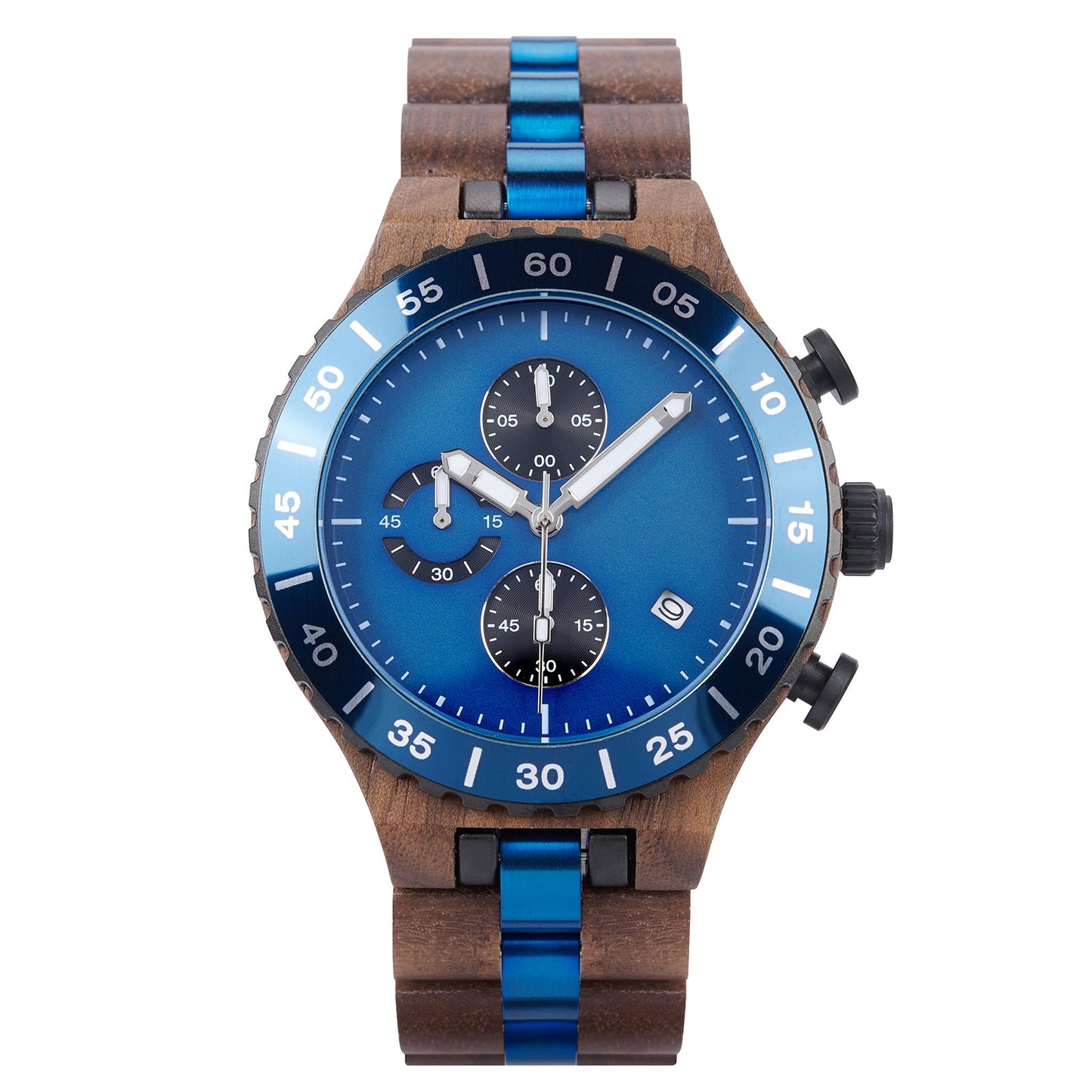 WalnutWooden Chronograph Watch For Man with Black Dial and Blue Bezel