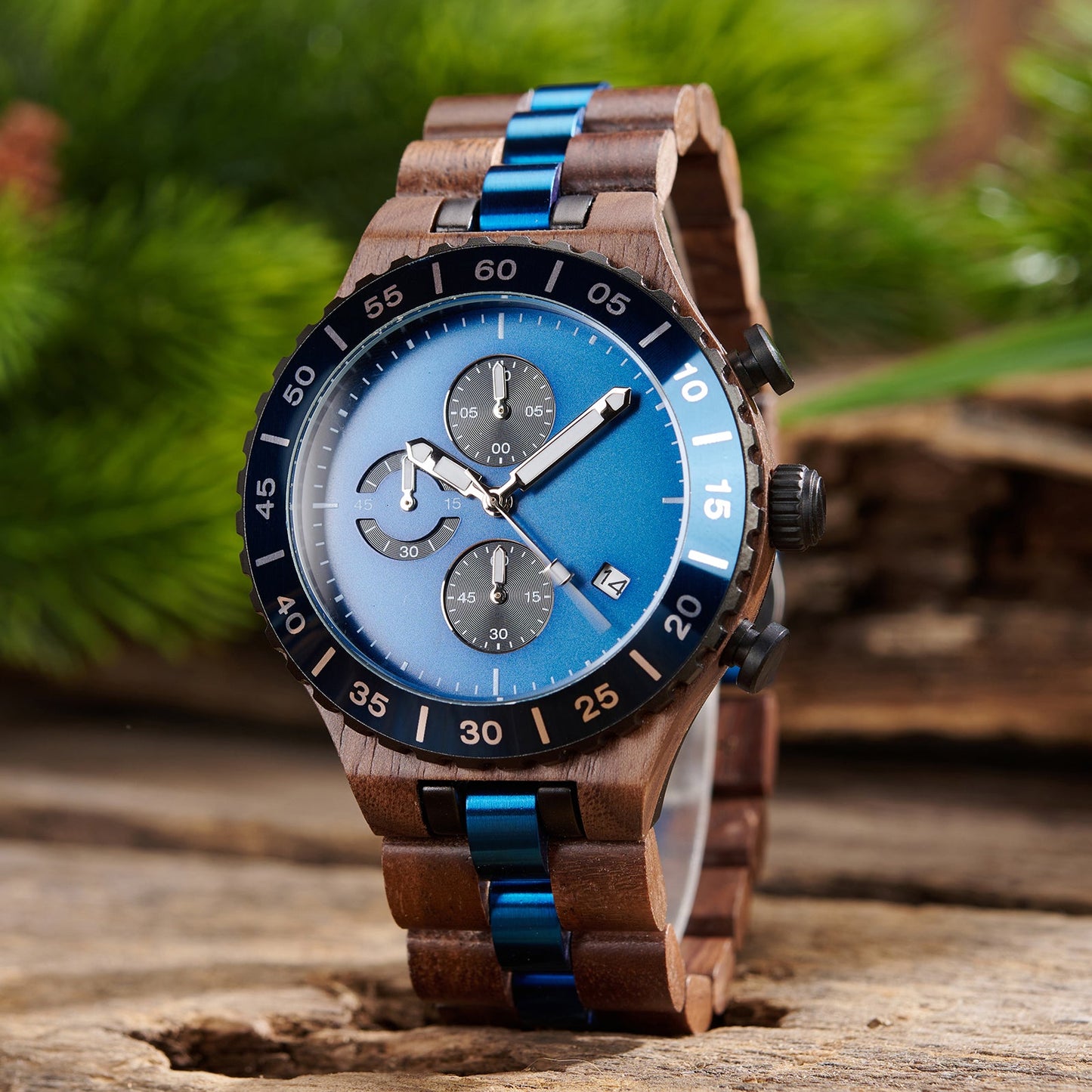 WalnutWooden Chronograph Watch For Man with Black Dial and Blue Bezel