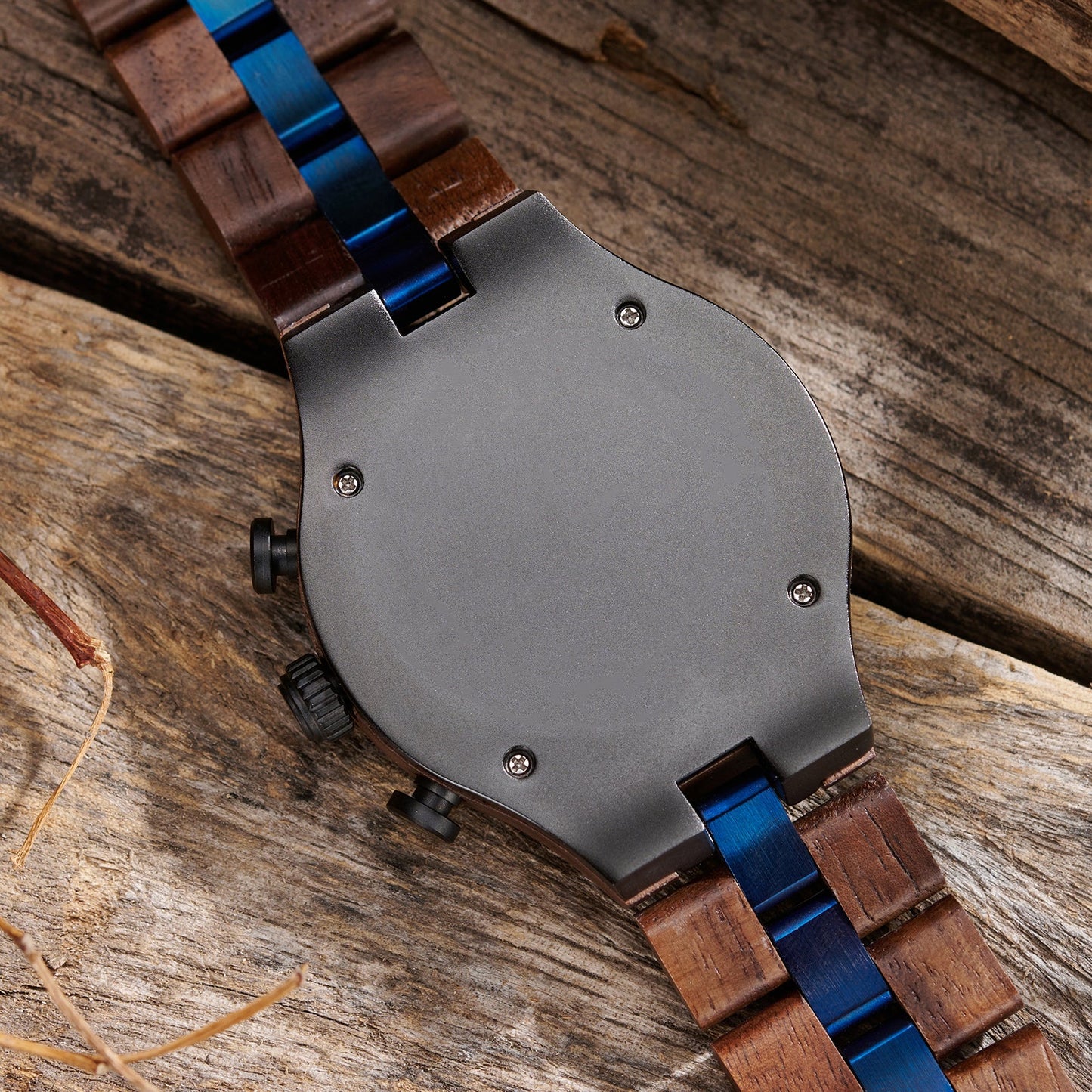 WalnutWooden Chronograph Watch For Man with Black Dial and Blue Bezel