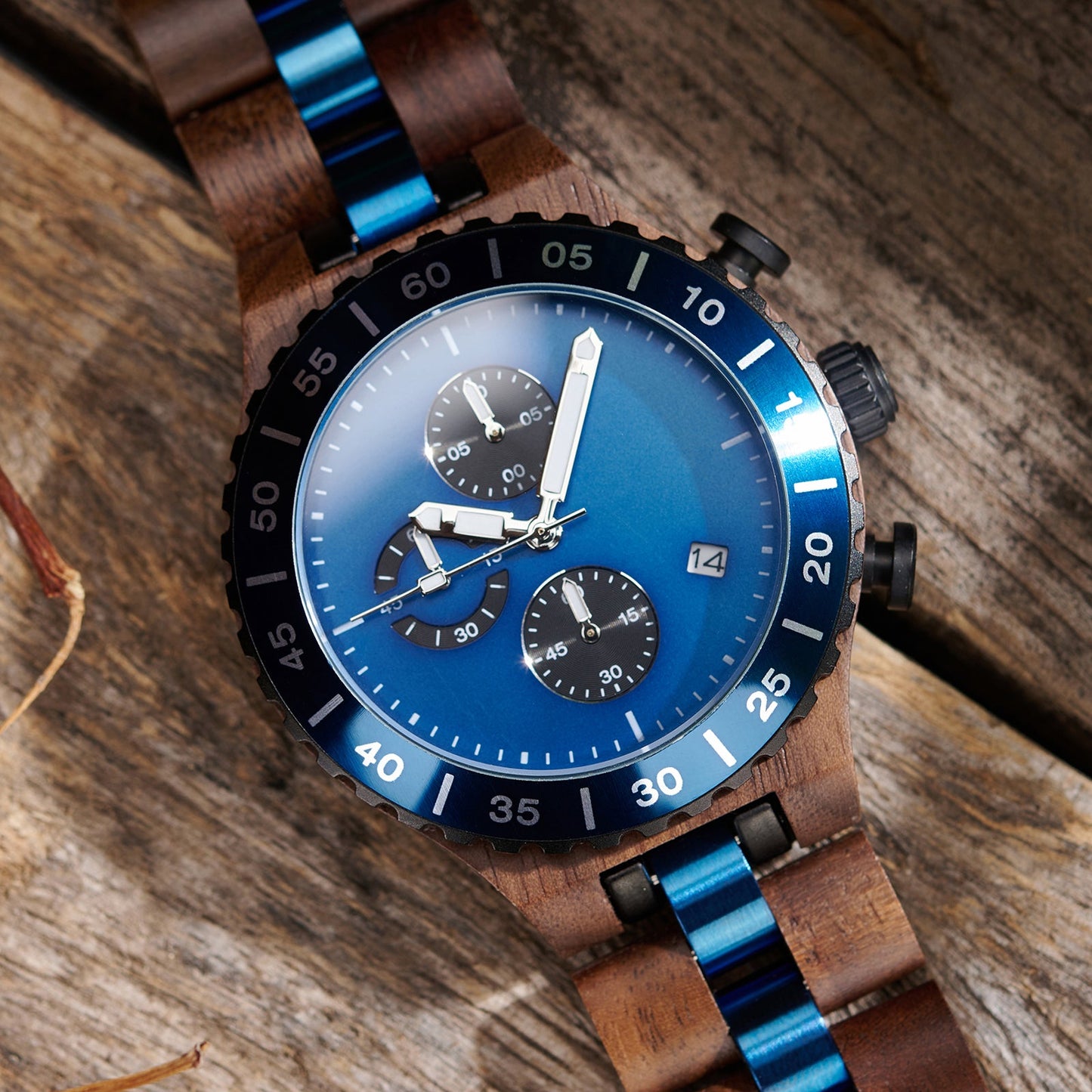 WalnutWooden Chronograph Watch For Man with Black Dial and Blue Bezel