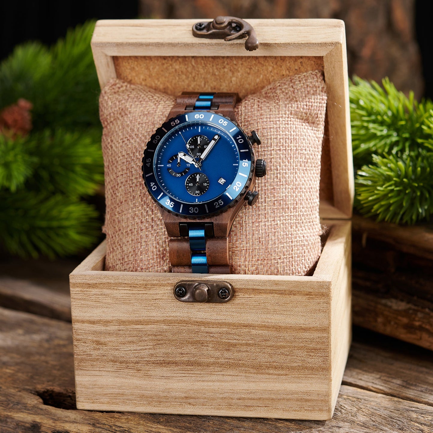 WalnutWooden Chronograph Watch For Man with Black Dial and Blue Bezel