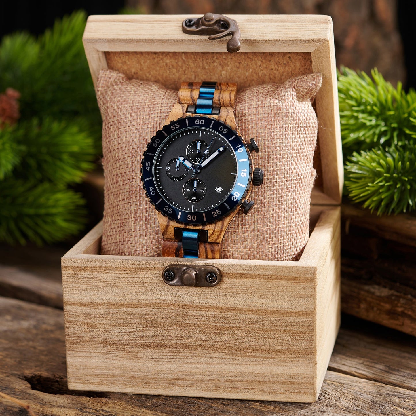 ZebraWooden Chronograph Watch For Man with Black Dial and Blue Bezel