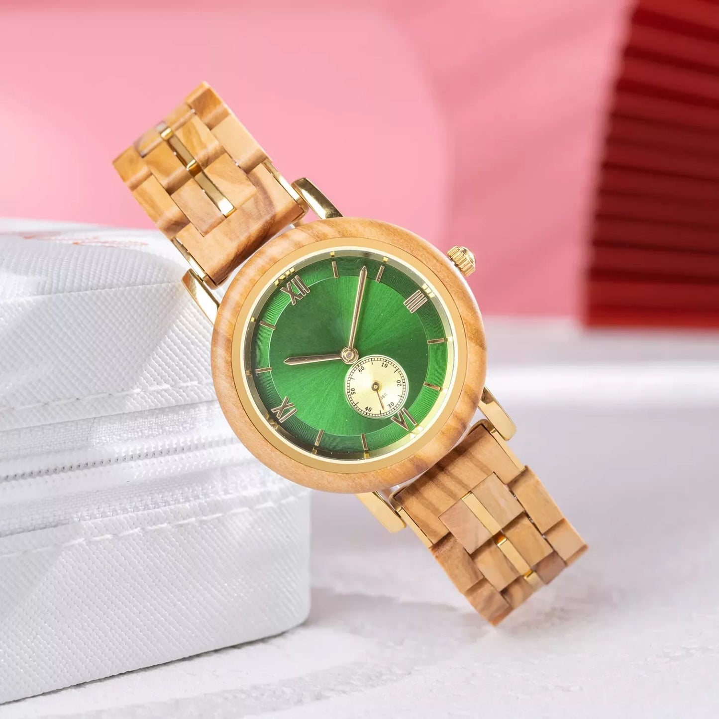 Feminine Green Round Dial Wooden Watch - For Woman